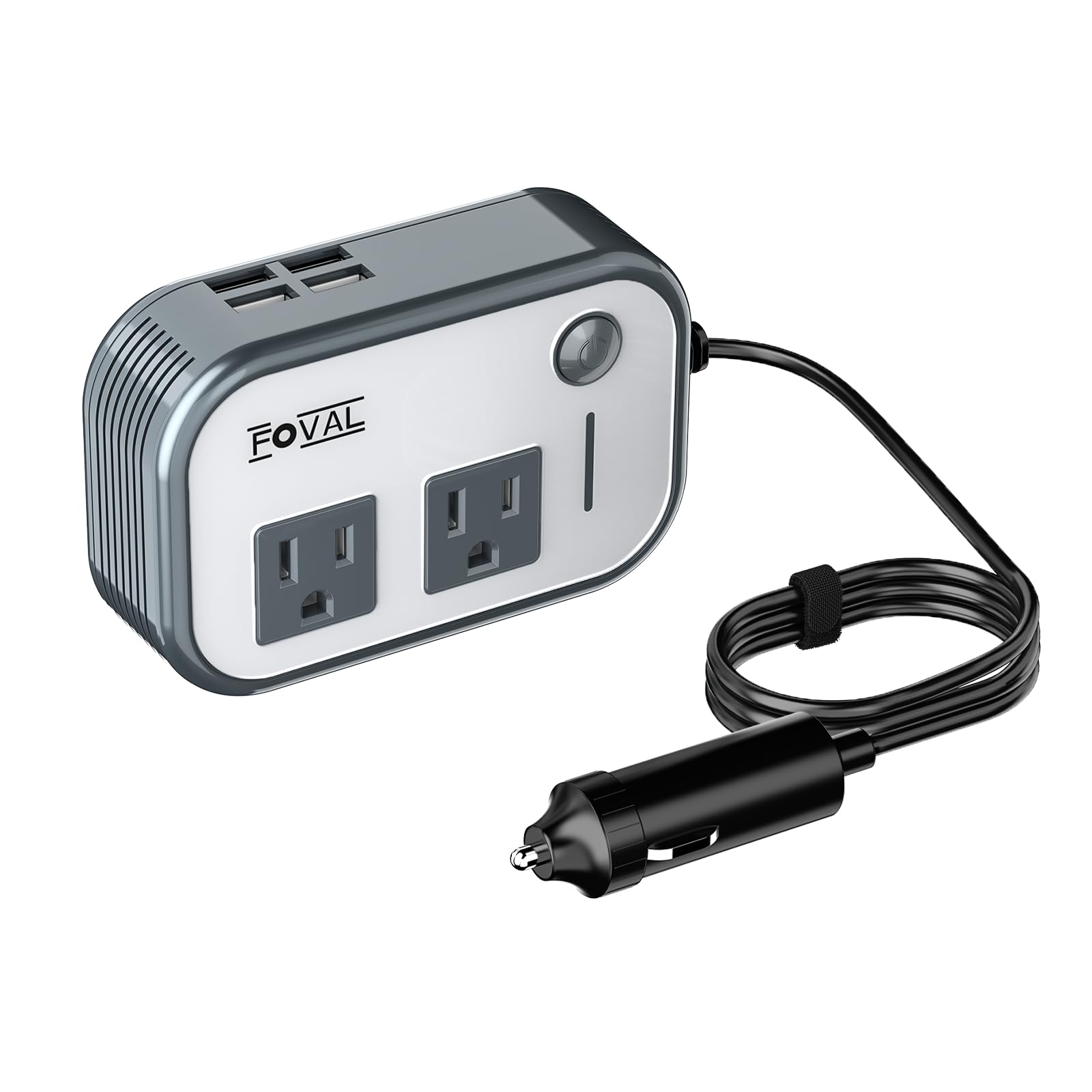 FOVAL vista frontal del inversor 200W con enchufes AC y puertos USB, carga segura