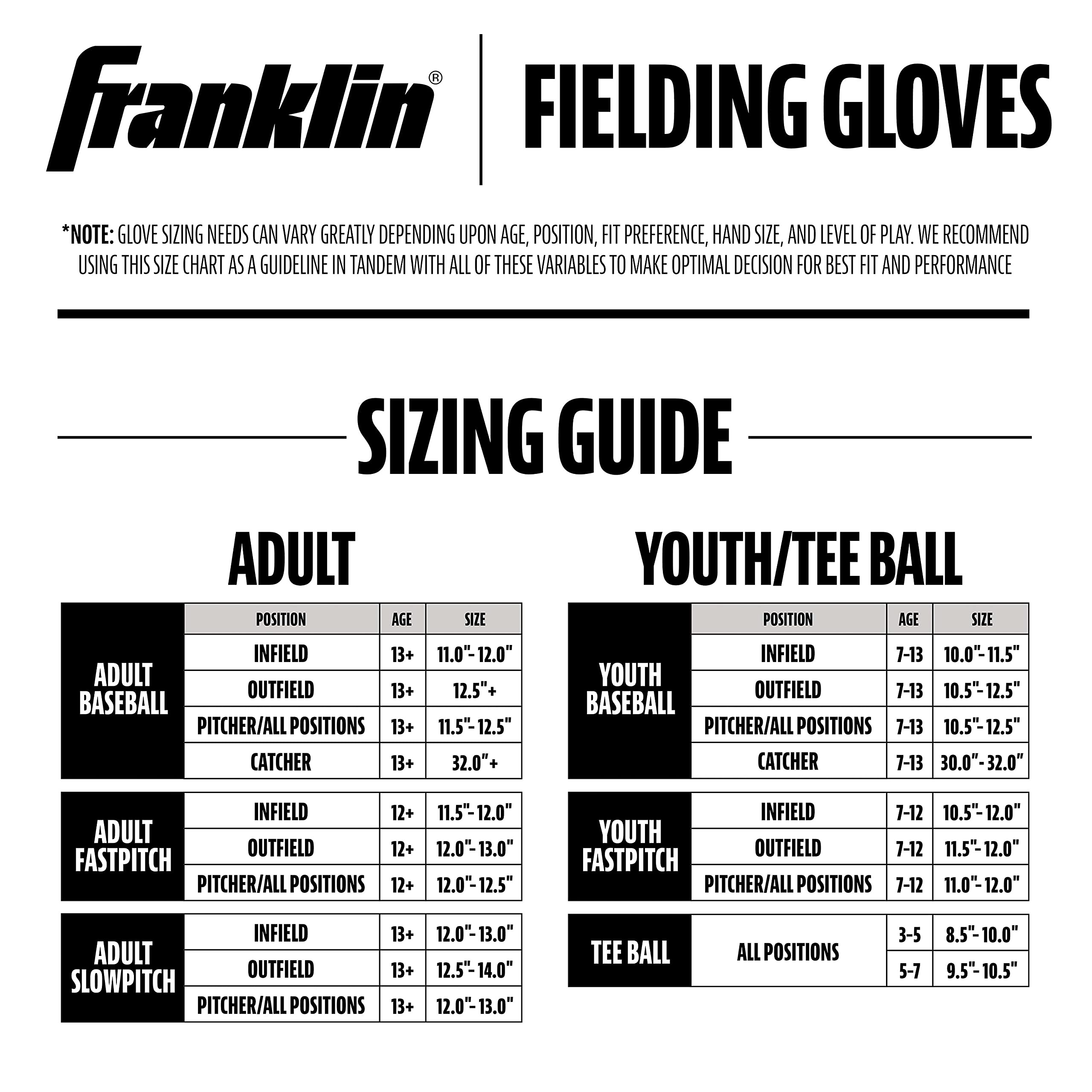Franklin Sports label and size specs showing product information and fit