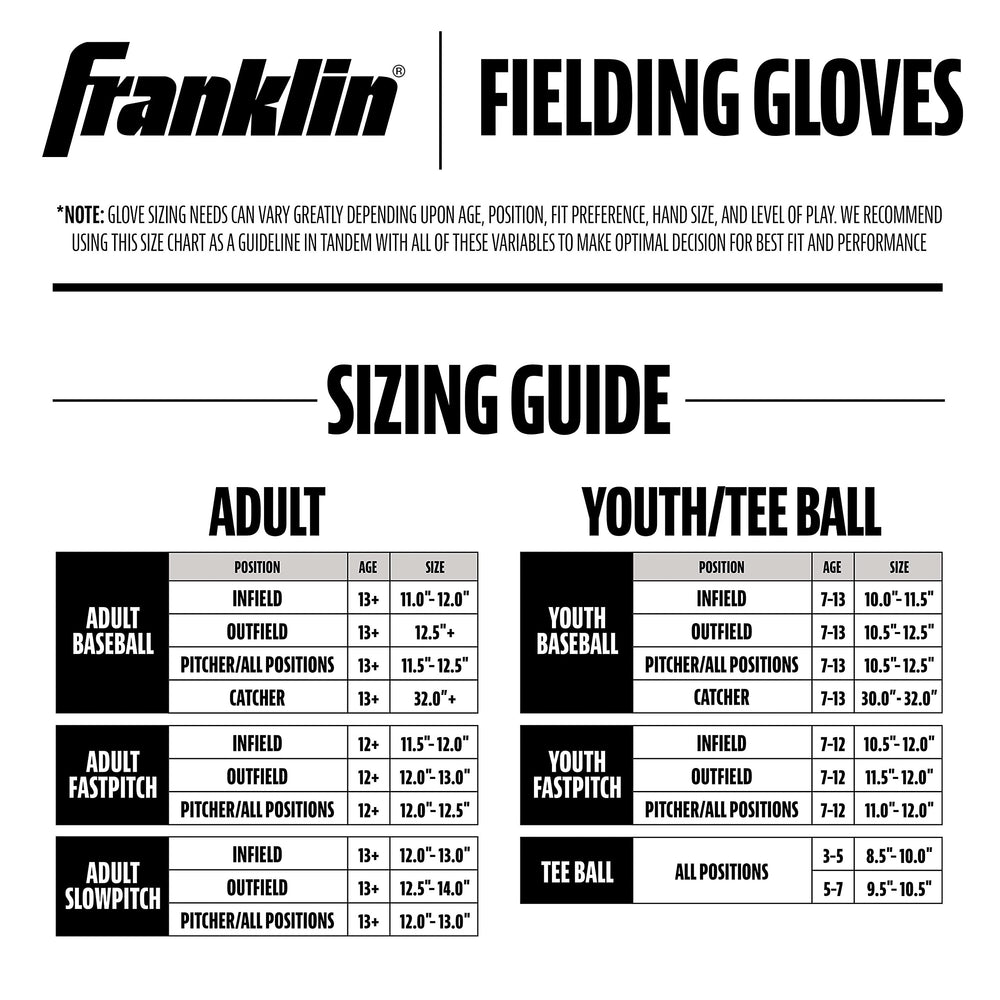 Franklin Sports label and size specs showing product information and fit