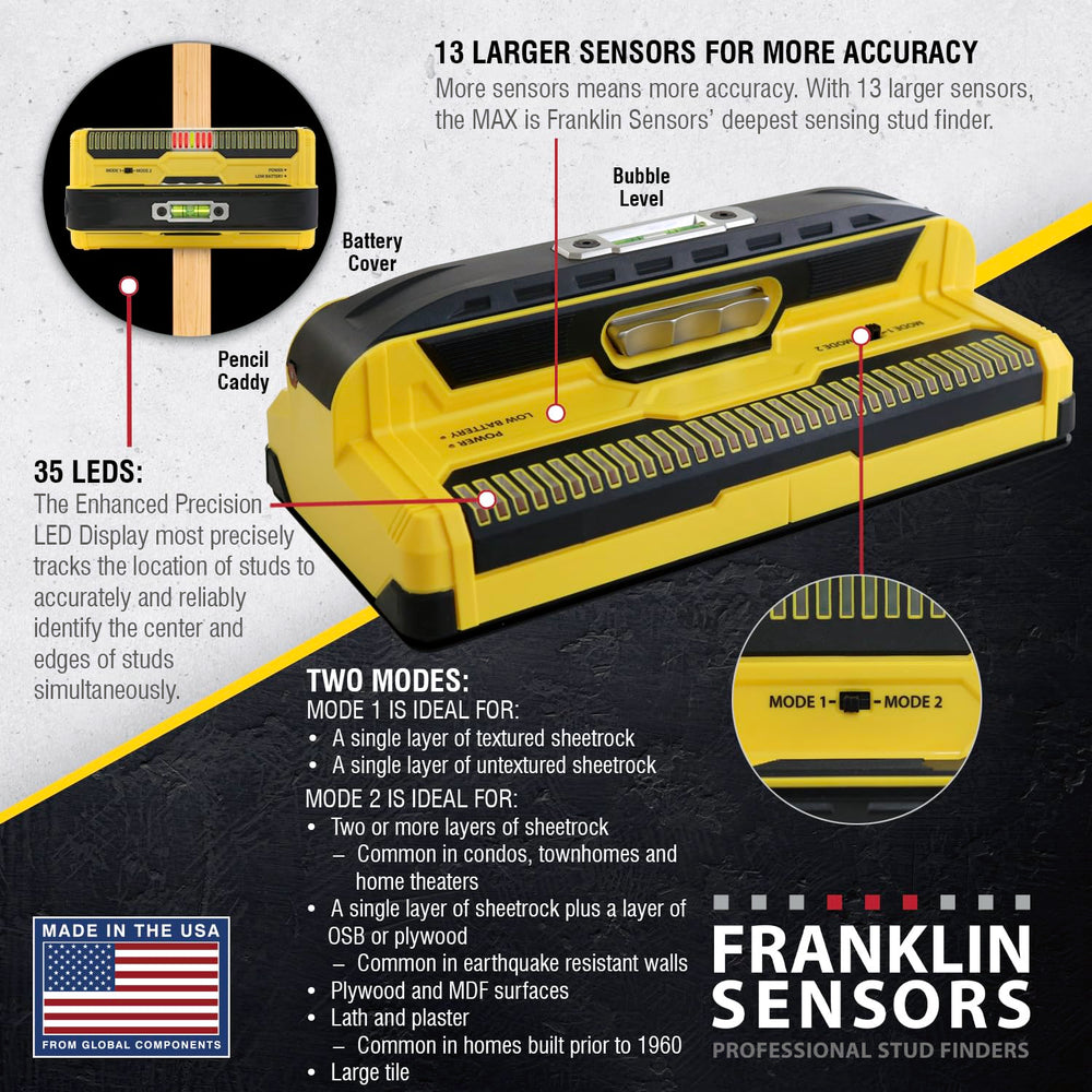 Franklin Sensors ProSensor MAX next to a hand for scale showing compact, durable design and depth range