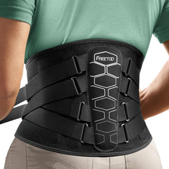 FREETOO faja lumbar frontal mostrando ajuste y compresión inmediata