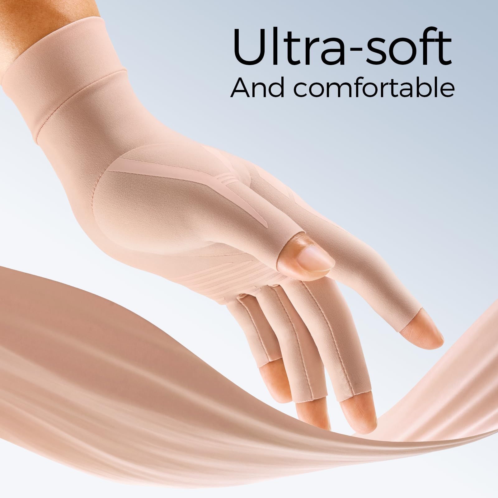 FREETOO guantes en uso tejiendo y usando móvil con agarre seguro y destreza