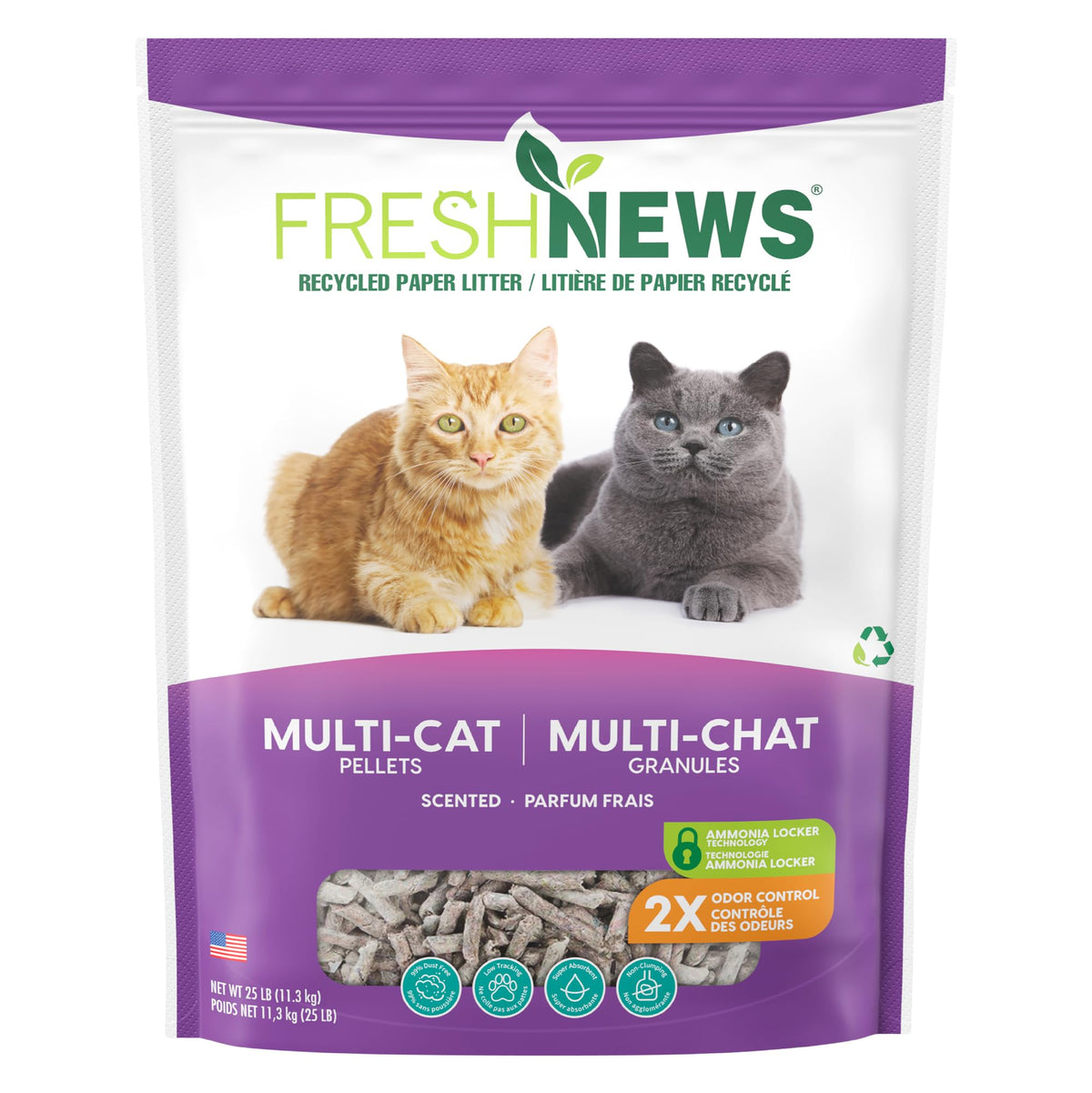 Fresh News front package showing brand and 25 lb bag with benefits