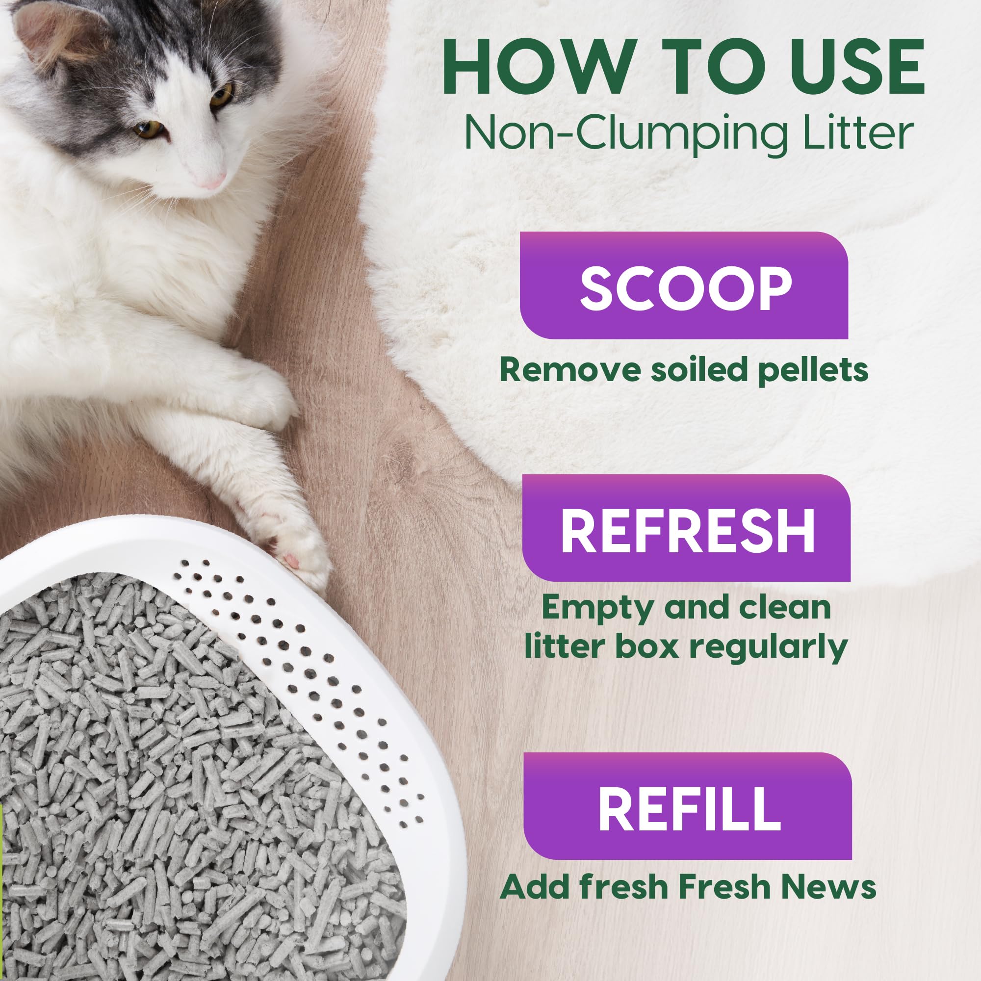 Close-up of Fresh News label listing recycled paper and odor control features