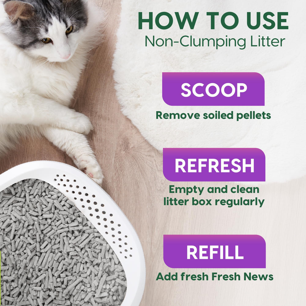 Close-up of Fresh News label listing recycled paper and odor control features