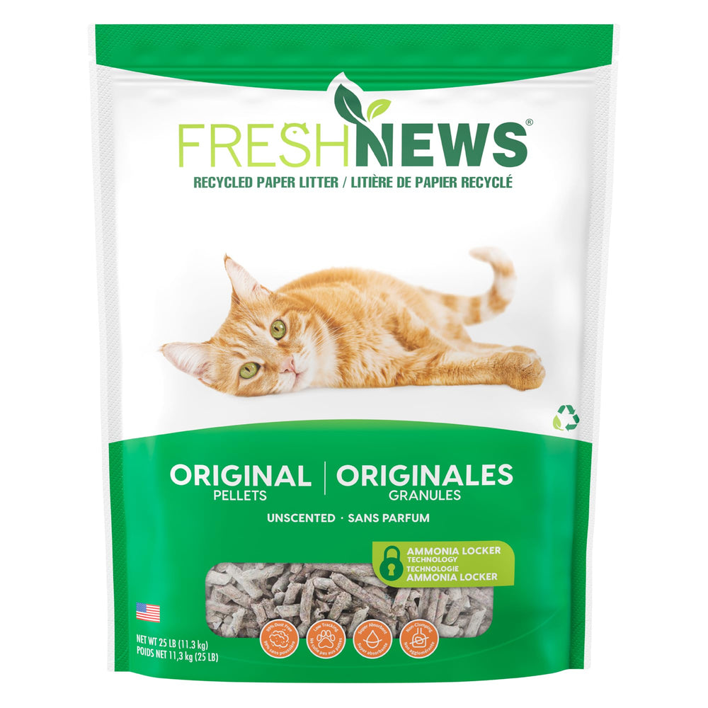 Fresh News paquete frontal 25 lb mostrando diseño y peso, opción sostenible