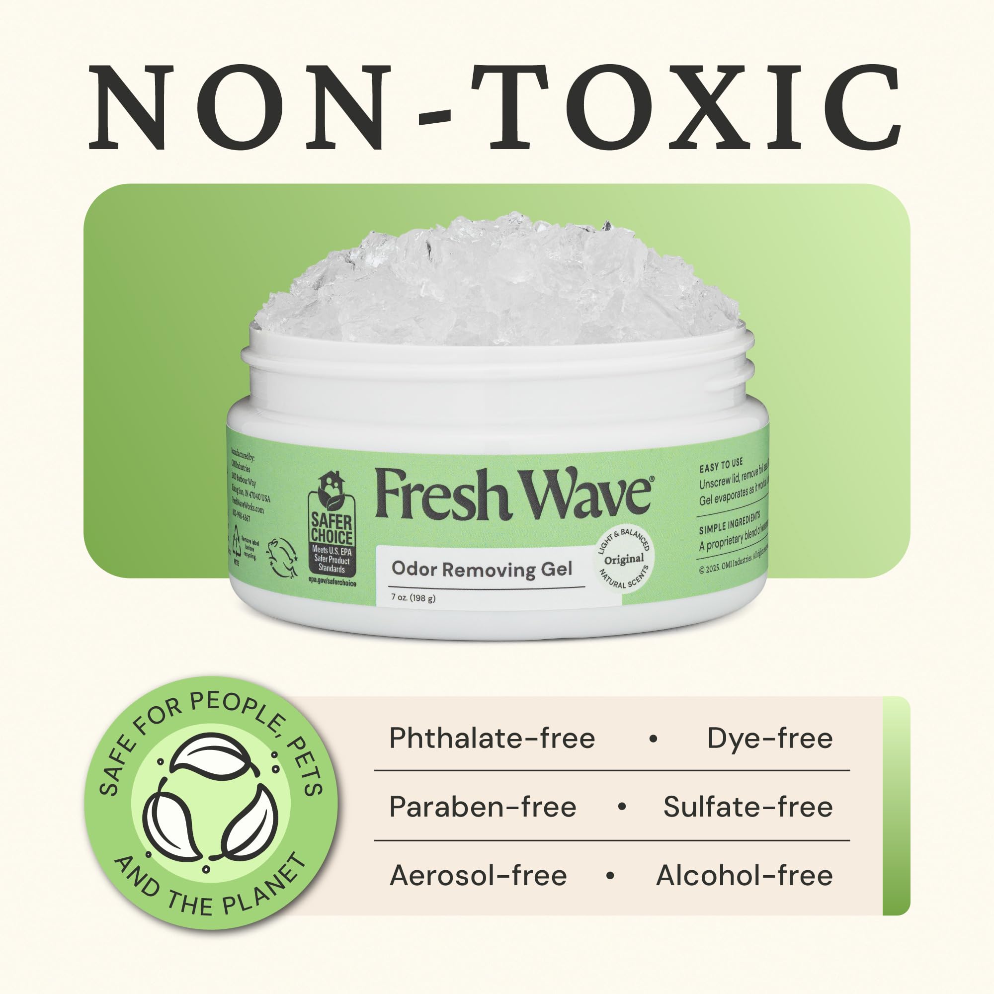 Fresh Wave frasco en cubo de basura absorbiendo olores de desecho orgánico