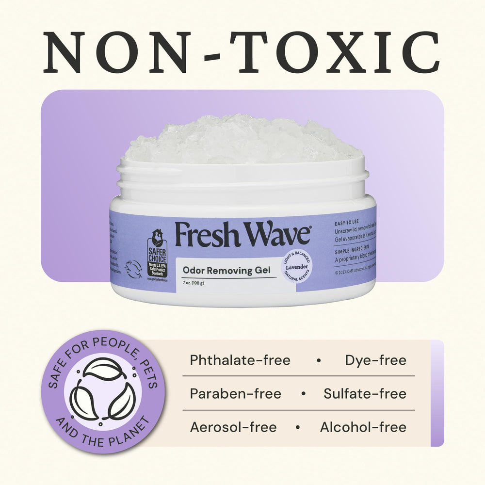 Fresh Wave gel colocado en baño para neutralizar olores con aroma lavanda