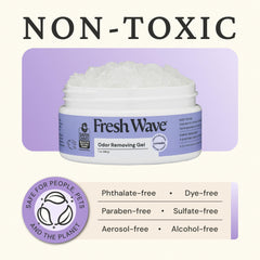 Fresh Wave gel colocado en baño para neutralizar olores con aroma lavanda