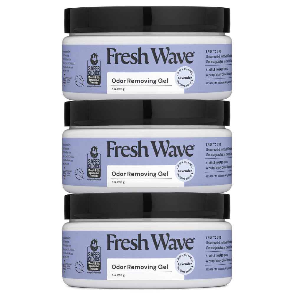 Fresh Wave frasco frontal mostrando gel lavanda y beneficios de neutralizar olores