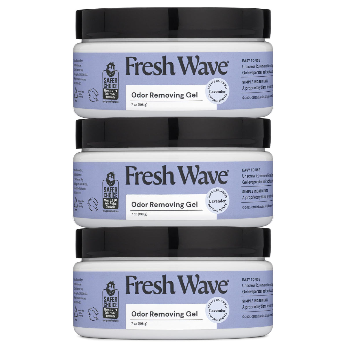 Fresh Wave frasco frontal mostrando gel lavanda y beneficios de neutralizar olores