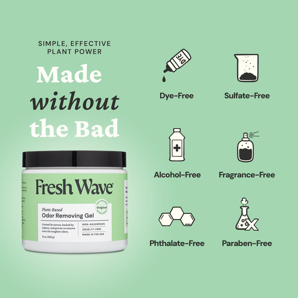 Fresh Wave junto a cubo de basura reduciendo olores de cocina
