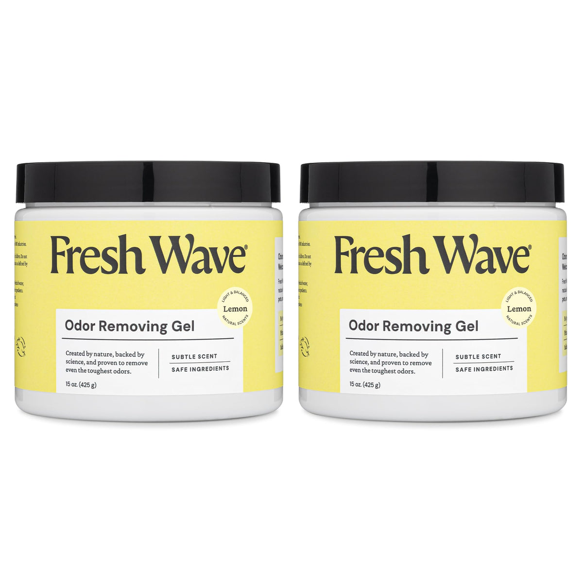 Fresh Wave envase frontal mostrando el gel y el aroma limón, elimina olores naturalmente