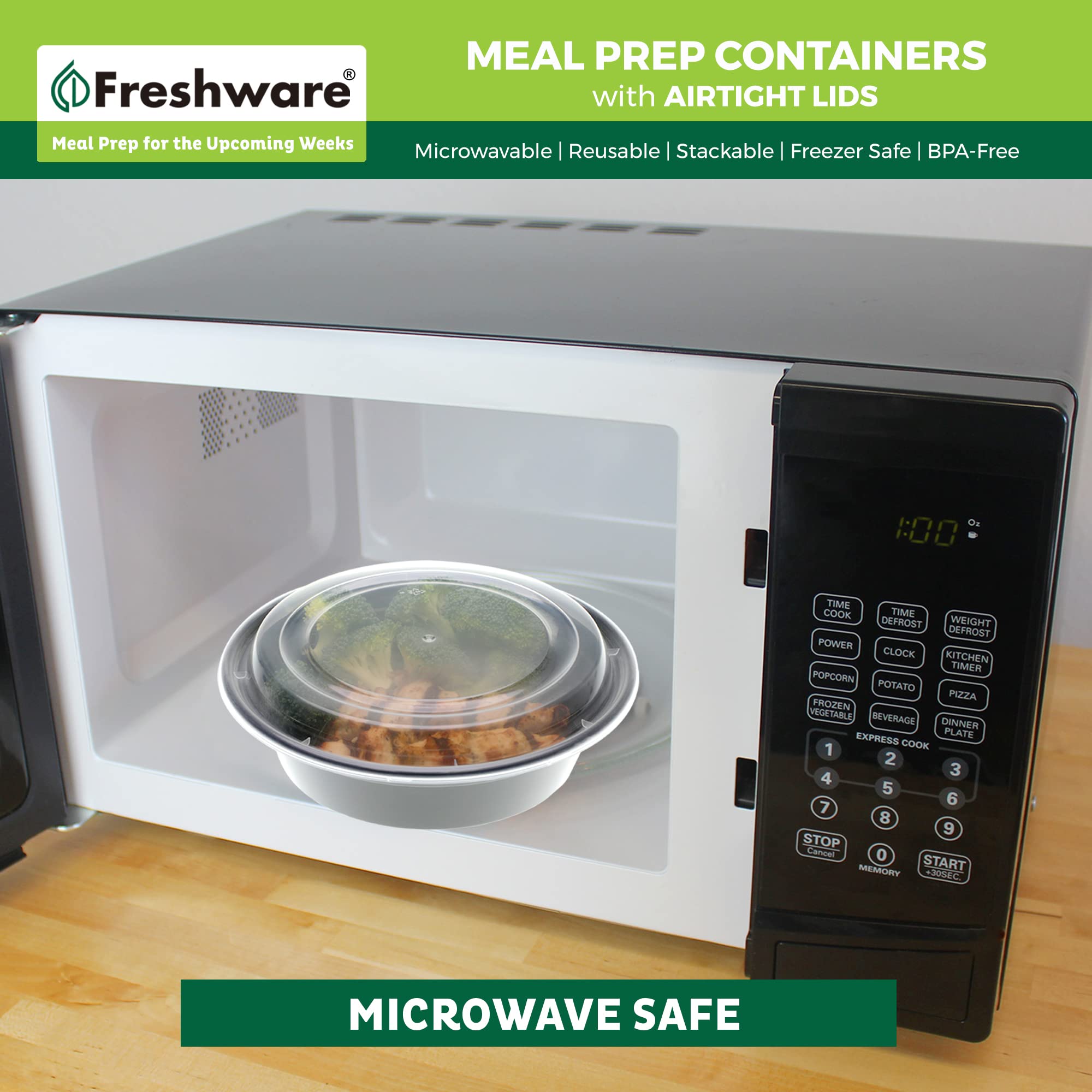 Freshware recipiente en uso con sopa y ensalada listo para llevar y recalentar