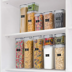 Freshware stacked containers on pantry shelf showing space-saving organization benefit
