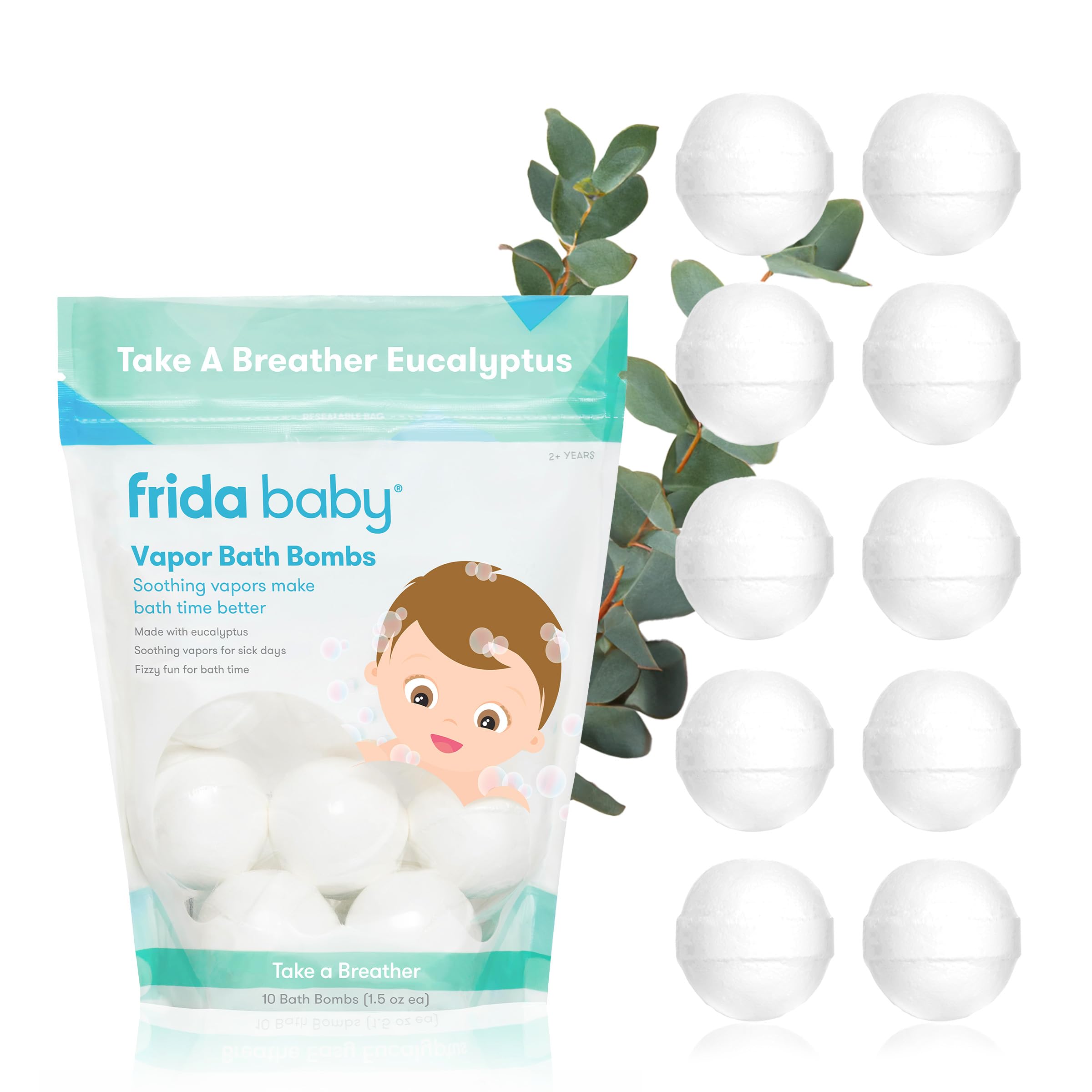 Frida Baby frente del paquete de bombas de baño mostrando diseño y cantidad