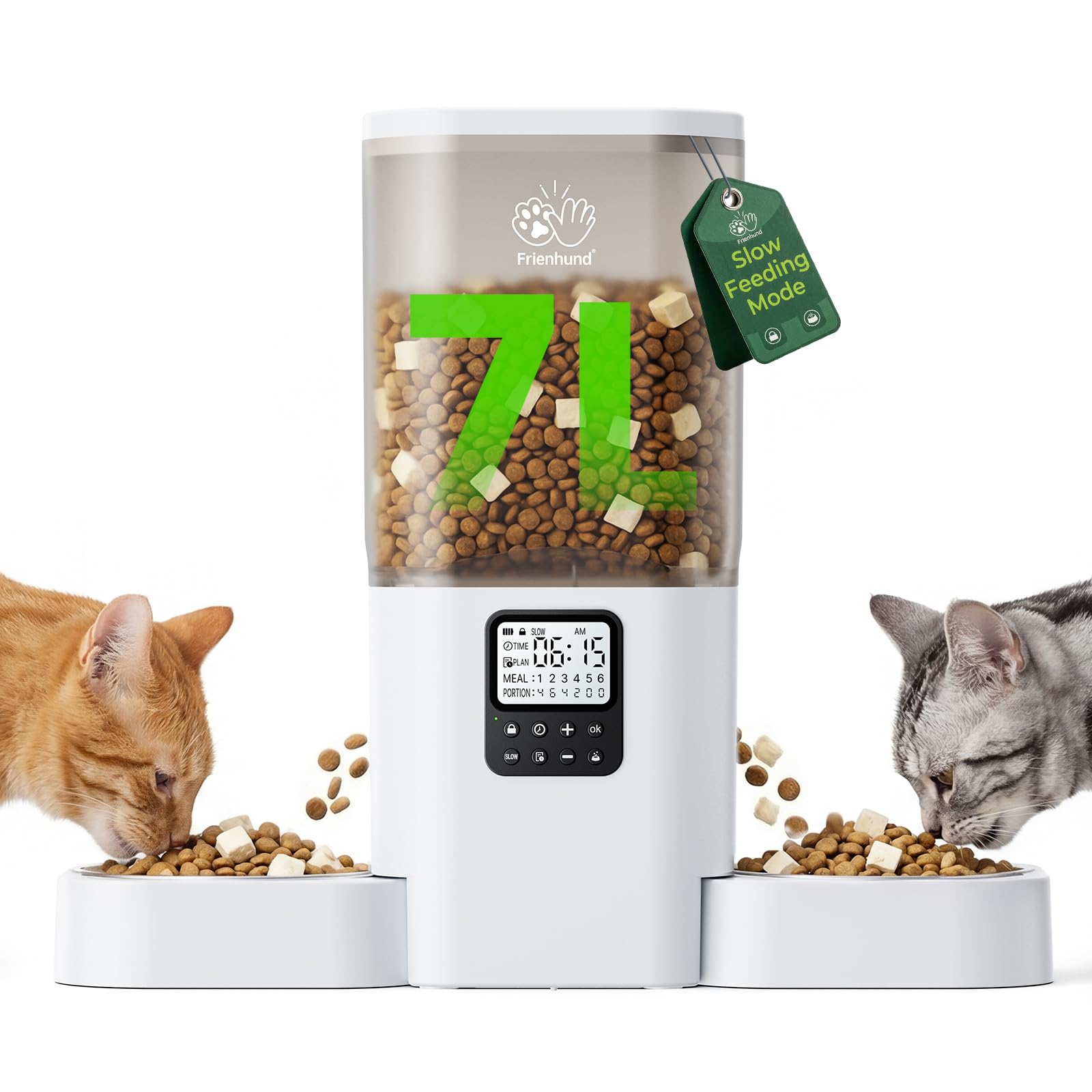 Frienhund vista frontal del alimentador automático con gran depósito para menos recargas