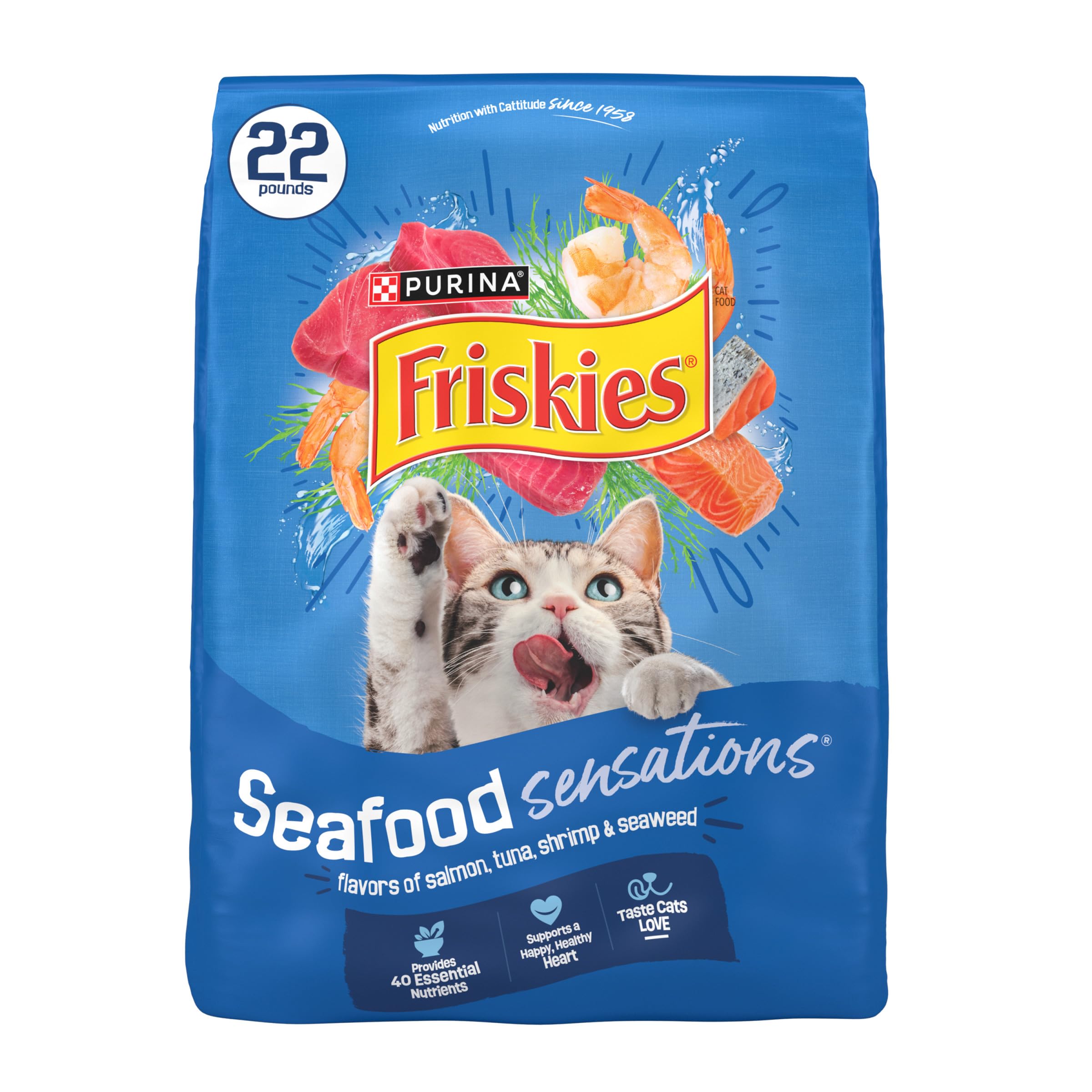 Friskies empaque frontal 22 lb mostrando sabores marinos y conveniencia