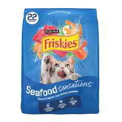 Friskies empaque frontal 22 lb mostrando sabores marinos y conveniencia
