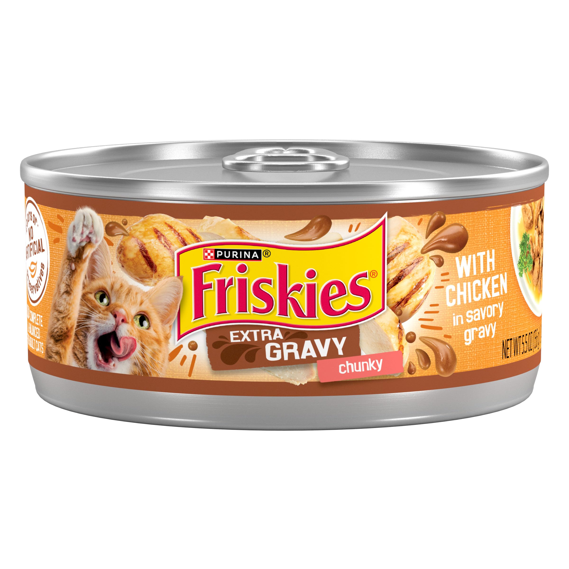 Friskies front packaging showing chunky chicken and gravy, appealing presentation