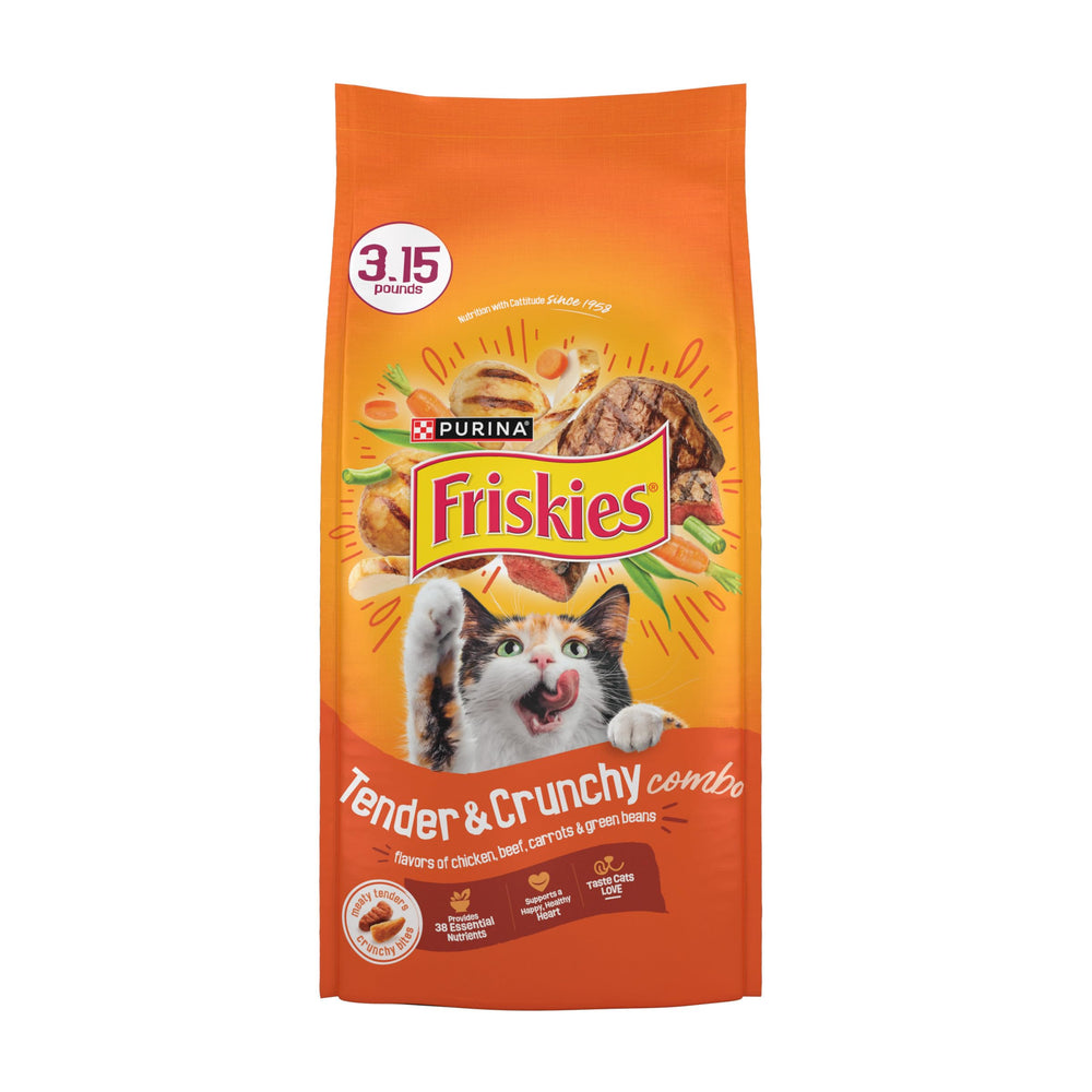 Friskies front packaging shows Tender and Crunch'd, enticing appearance and clear product info