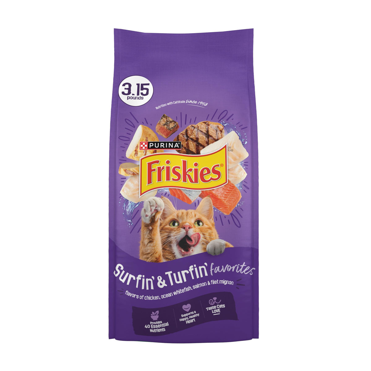 Friskies front packaging showing four flavors and benefits