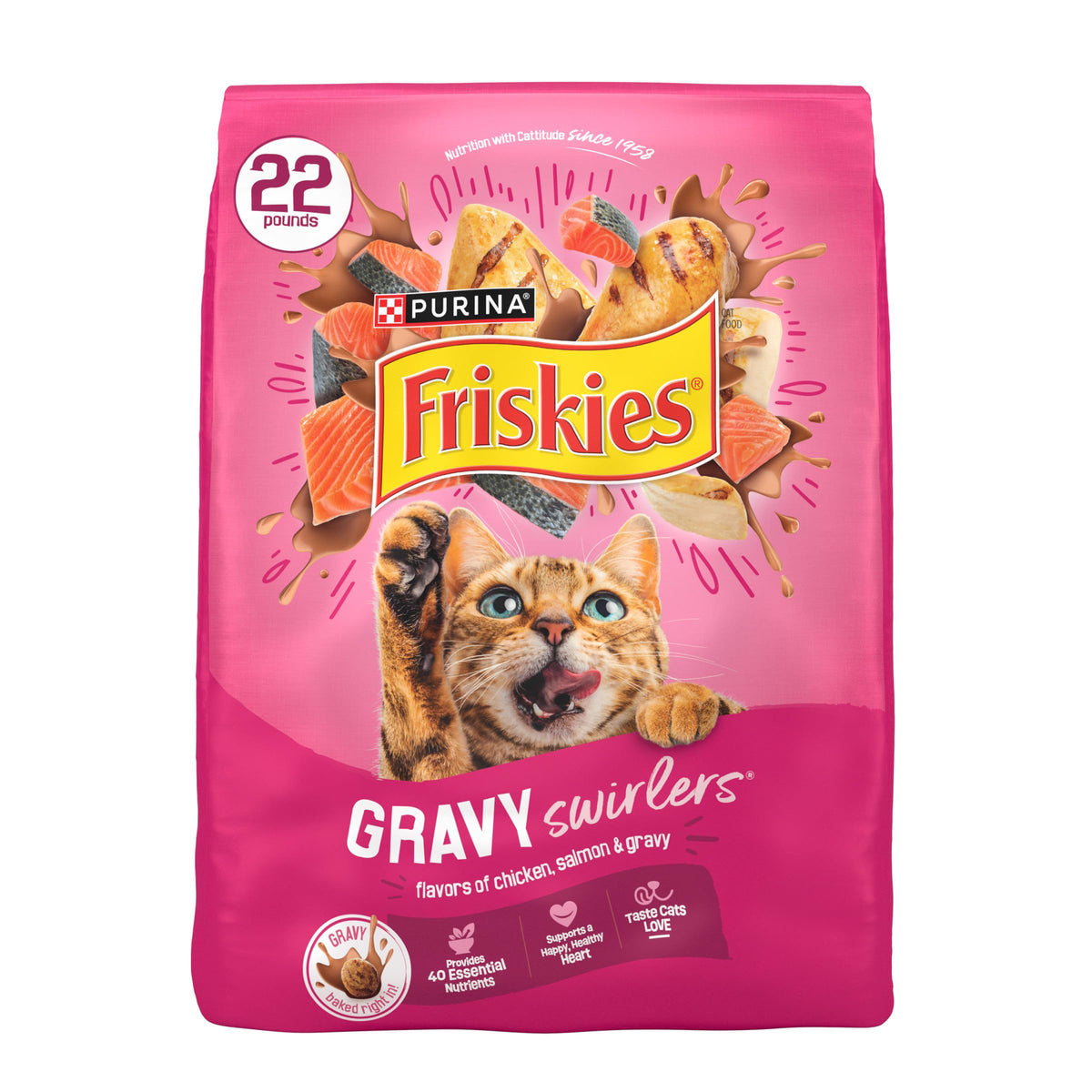 Friskies paquete frontal 22 lb mostrando diseño y beneficio nutricional