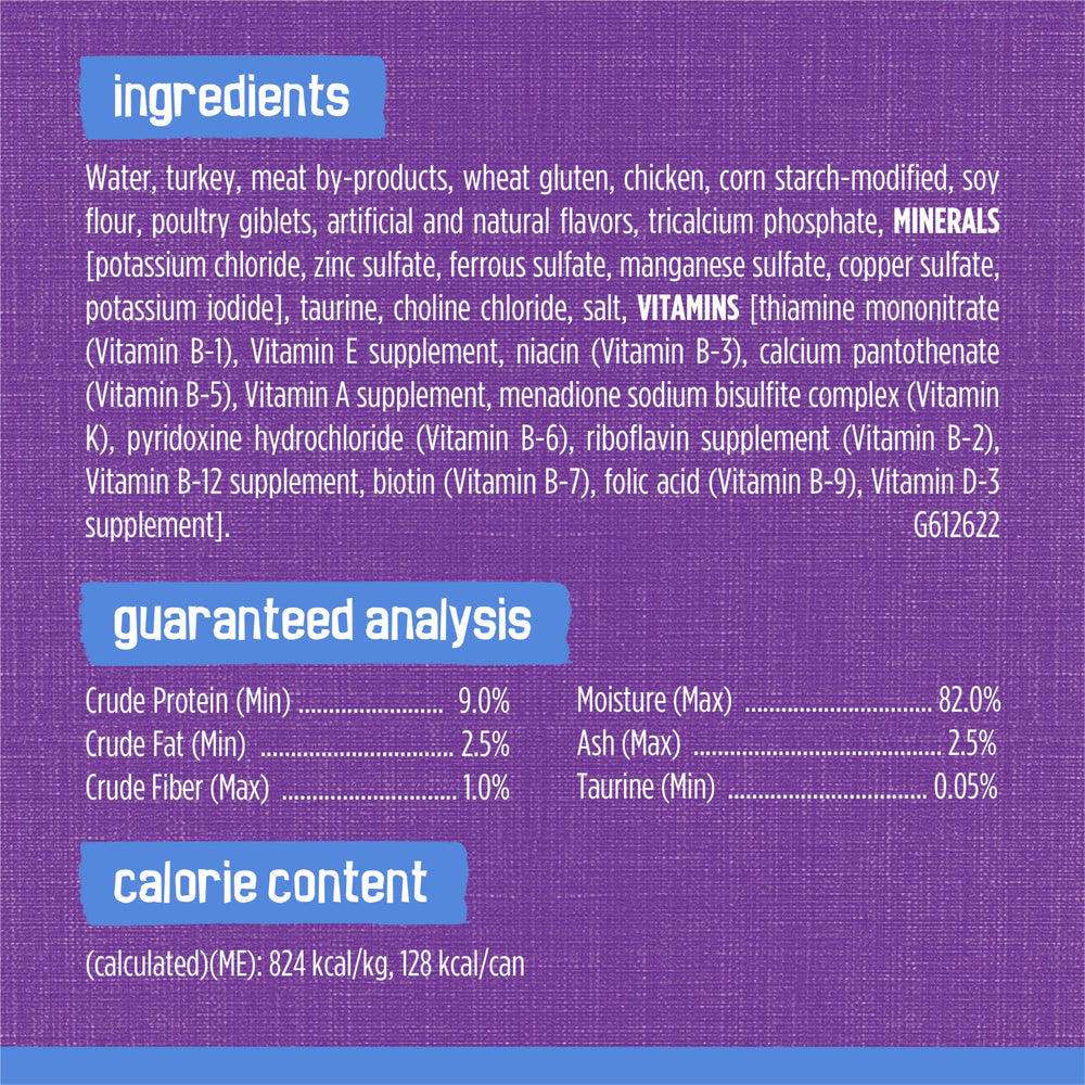 Friskies label close-up showing ingredient listing and quality reassurance from Purina