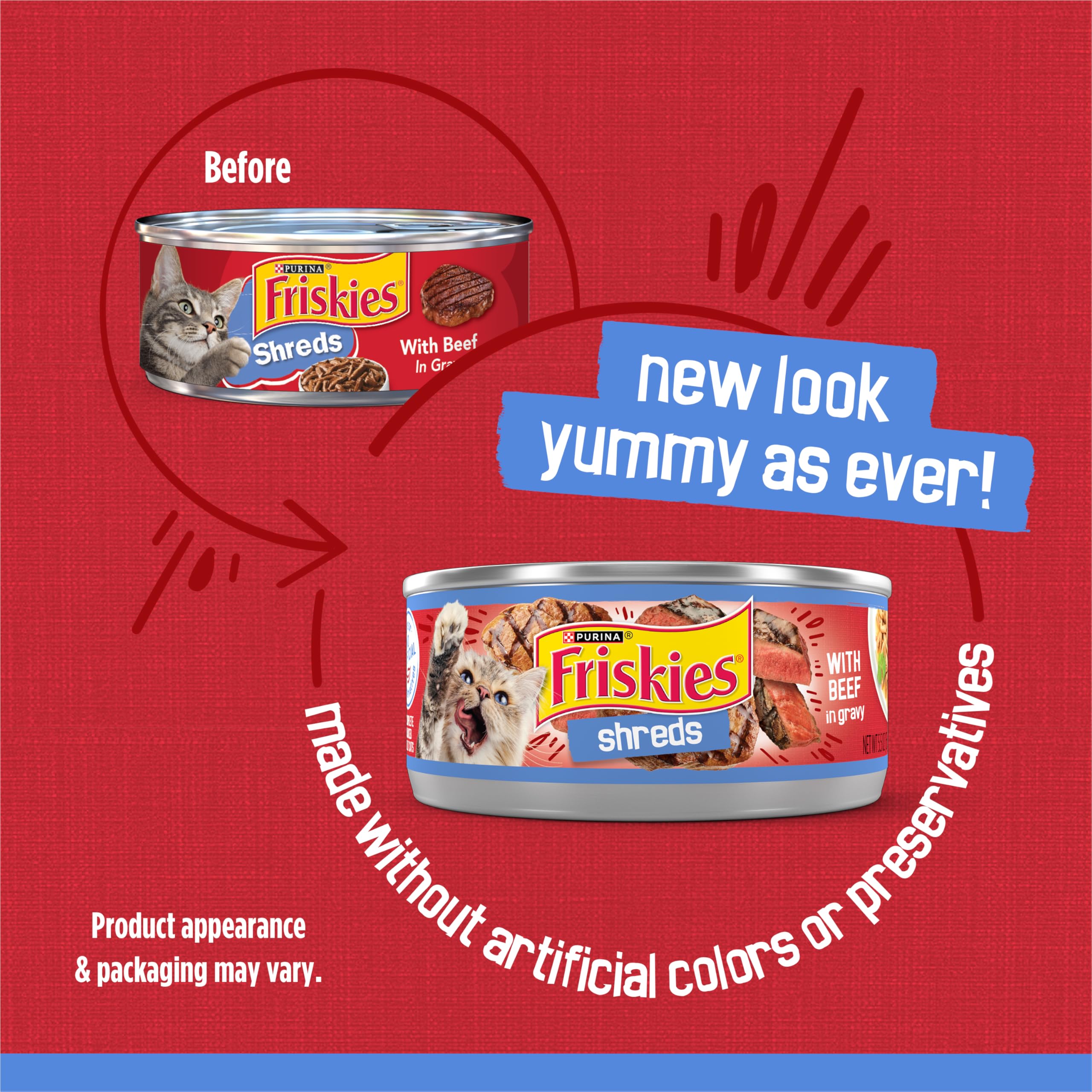 Friskies lata abierta con tiras de res en gravy, estimulando apetito