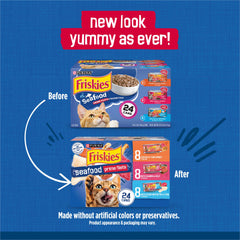 Friskies lata abierta con filetes desmenuzados y textura apetitosa