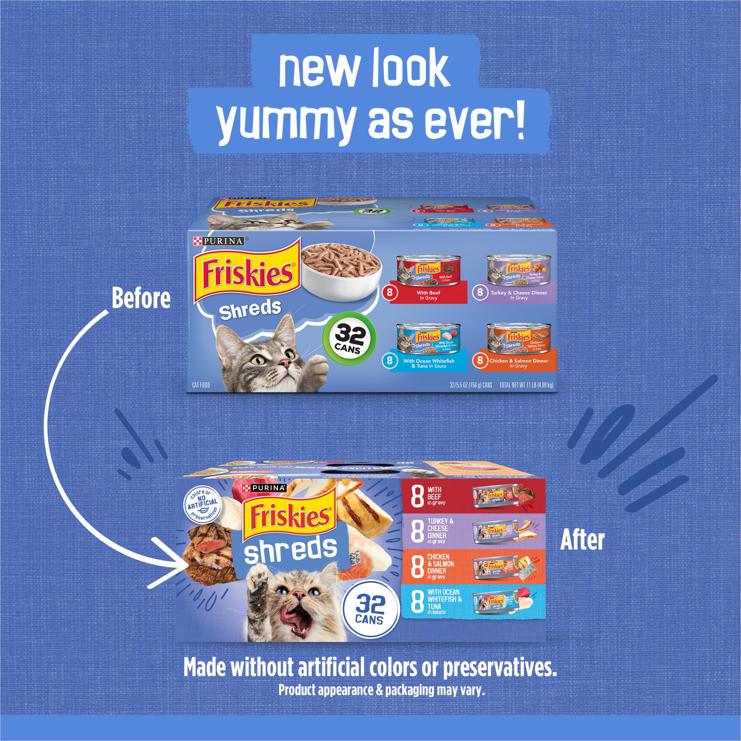 Friskies lata abierta con shreds visibles y textura tierna, apetitosa y hidratante