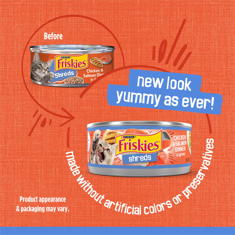 Purina Friskies lata abierta con tiras, muestra textura atractiva para gatos