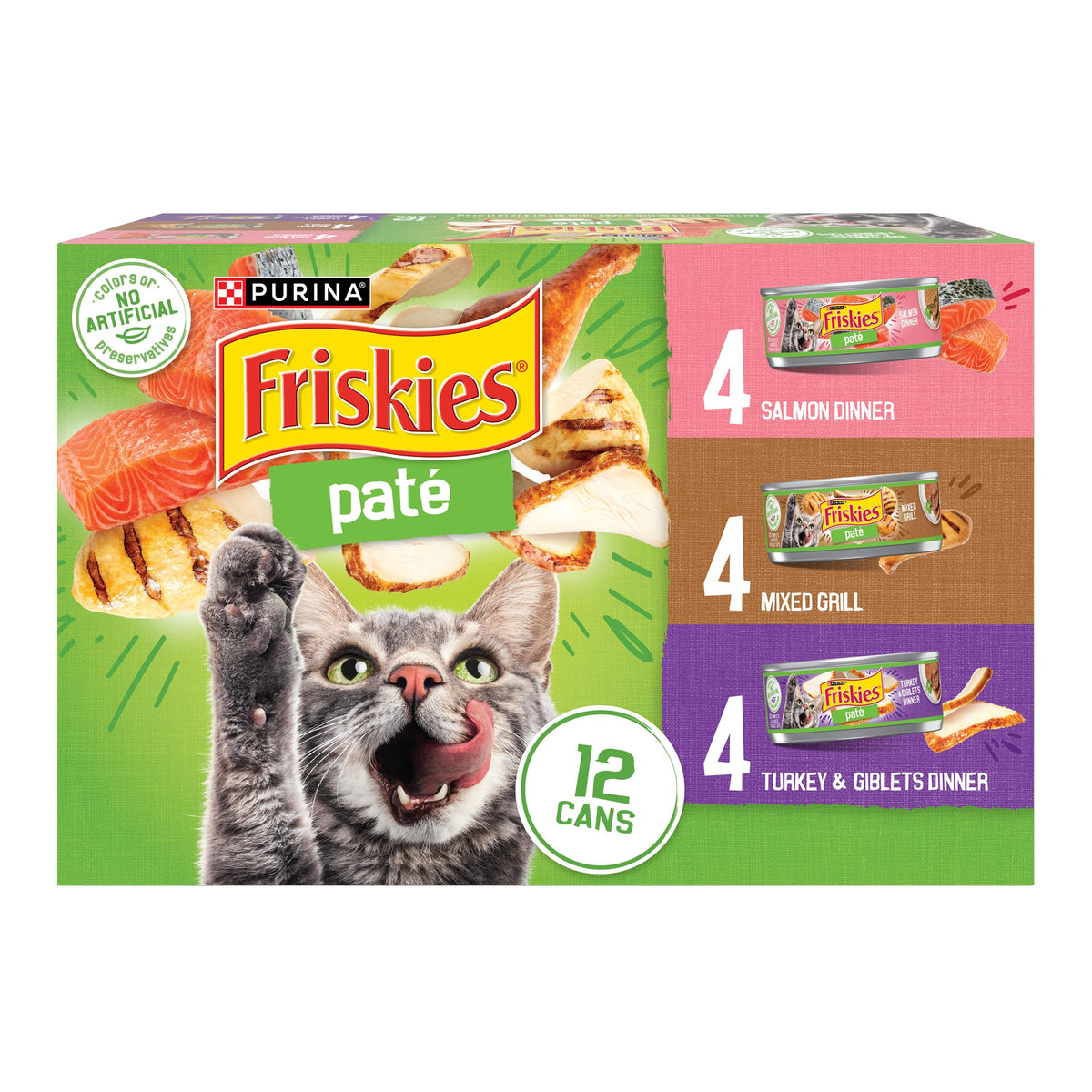 Friskies lata pack frontal mostrando diseño y cantidad útil