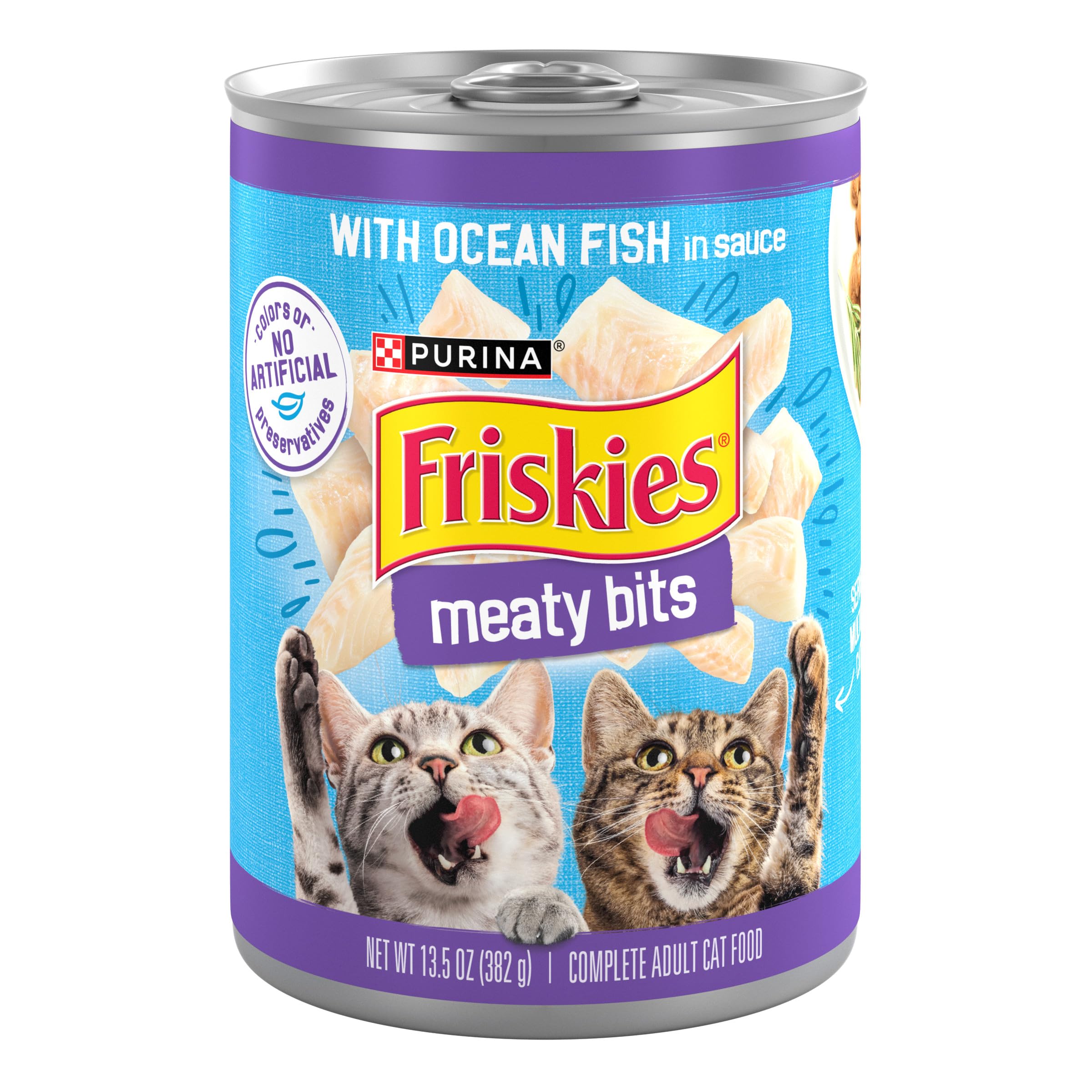 Friskies lata frente mostrando etiqueta y beneficio de nutrición completa