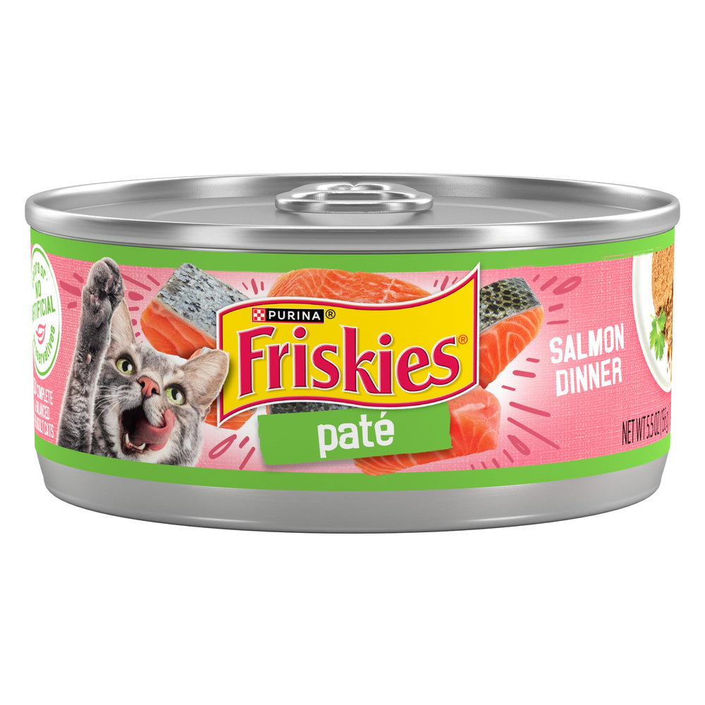Friskies lata frontal de pate salmón mostrando etiqueta y beneficio nutritivo