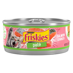 Friskies lata frontal de pate salmón mostrando etiqueta y beneficio nutritivo