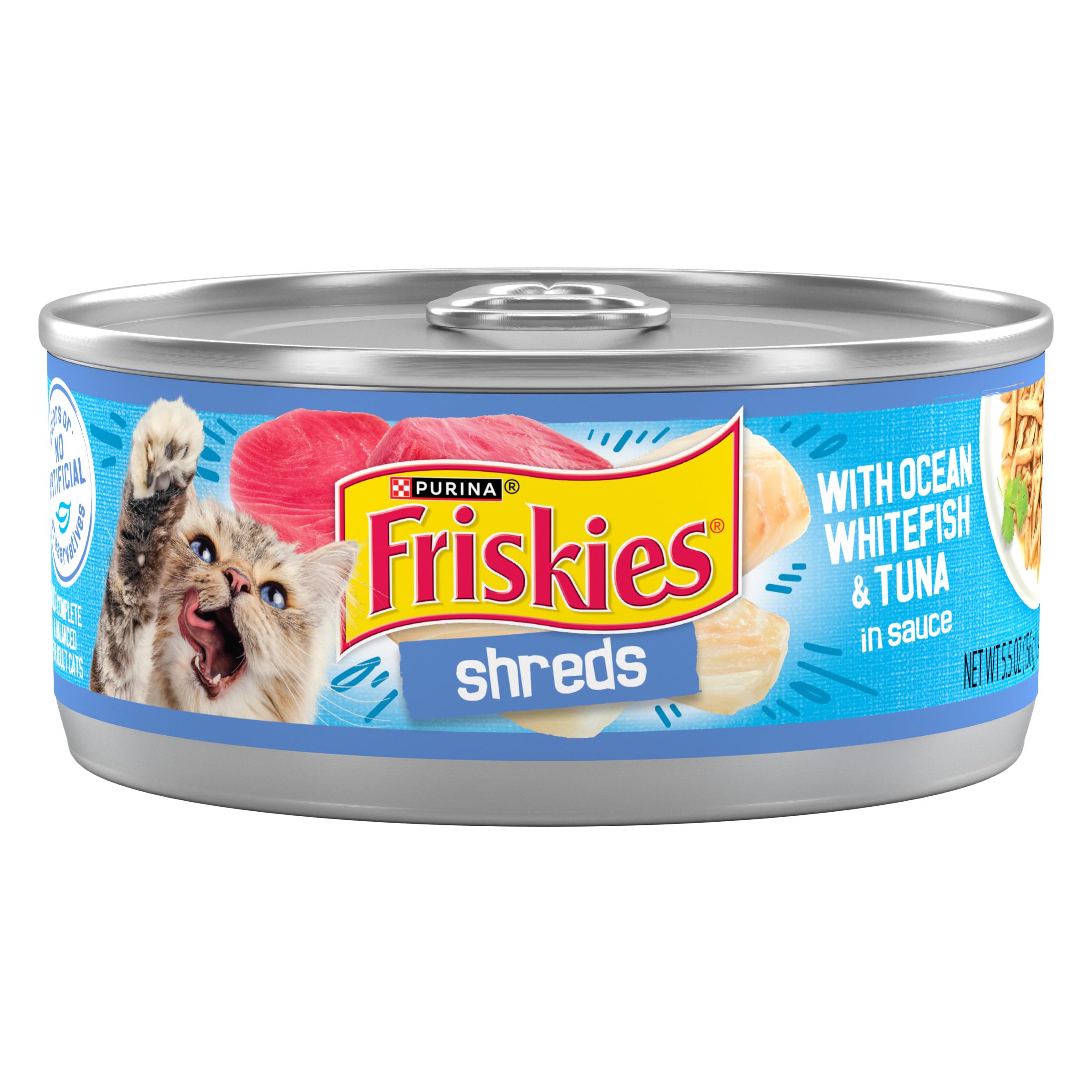 Friskies lata frontal mostrando el diseño y tamaño pack 24