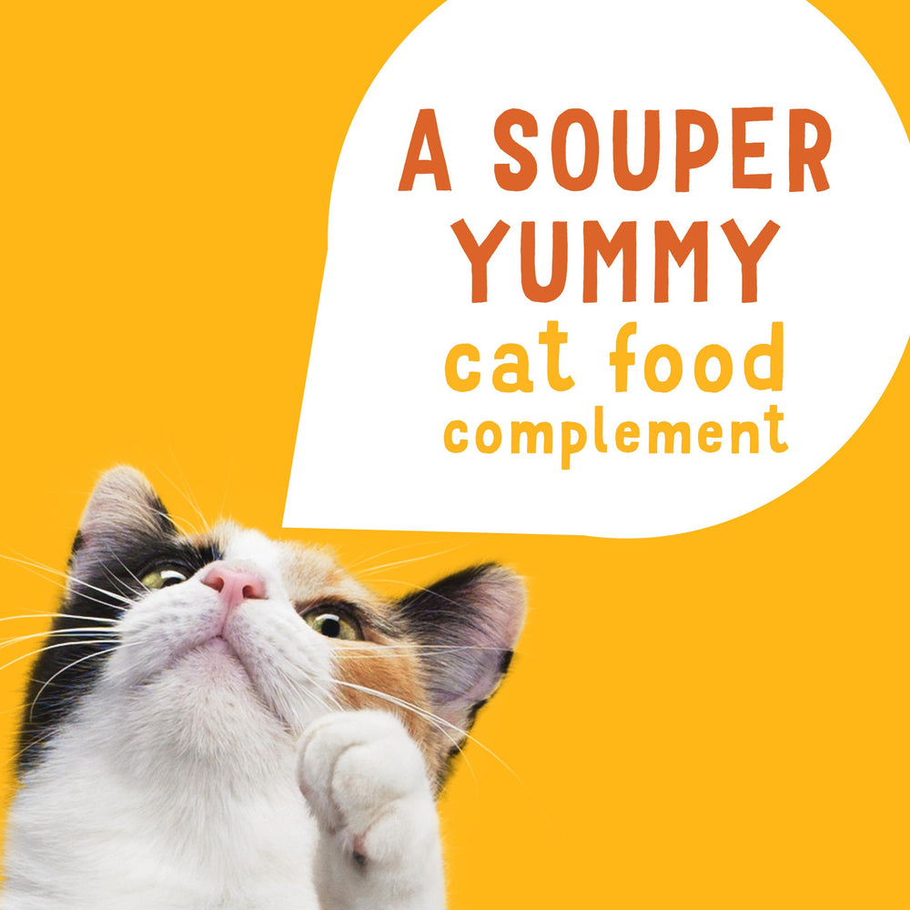 Friskies topper being poured onto dry food to boost flavor