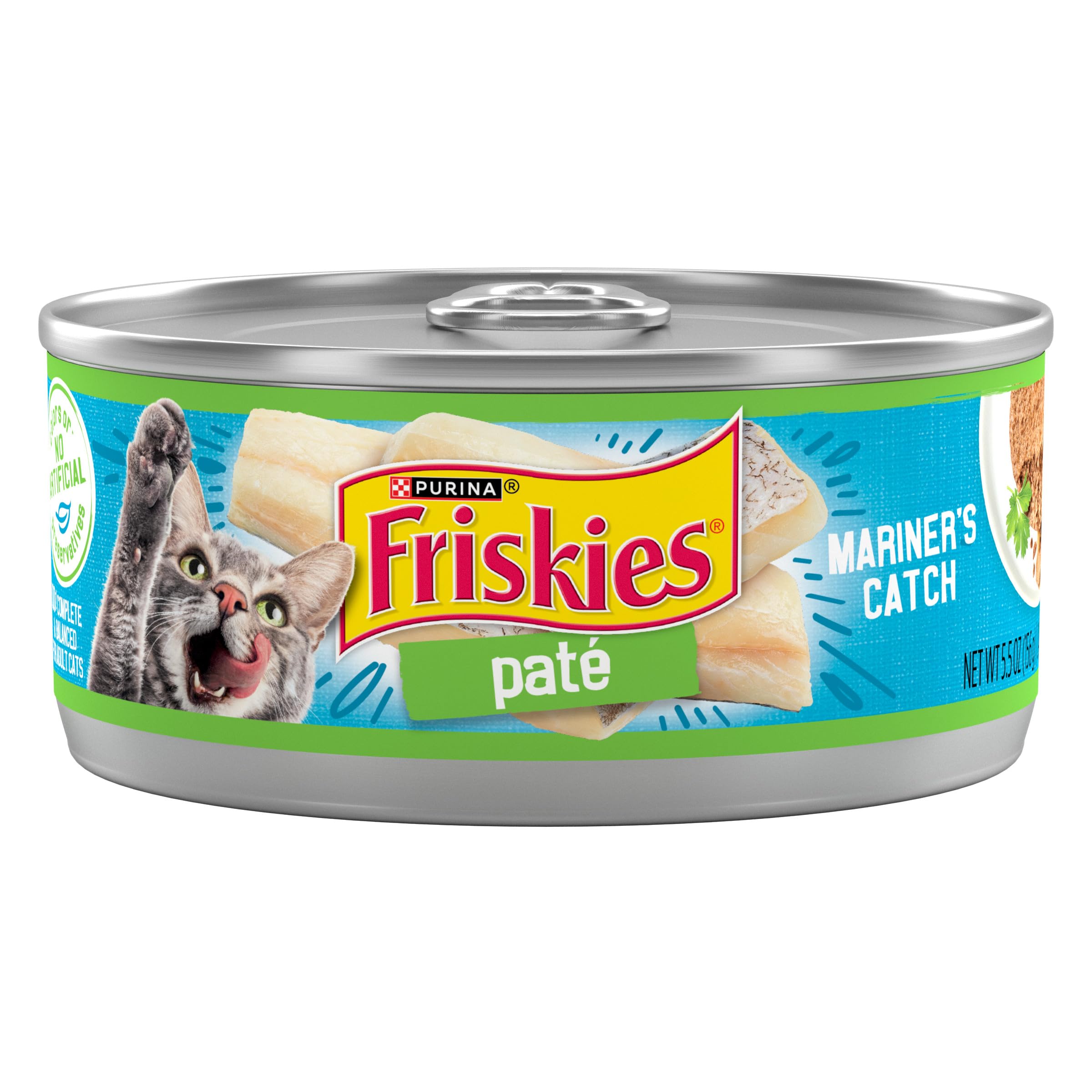 Friskies lata de frente mostrando la marca y atractivo visual del envase