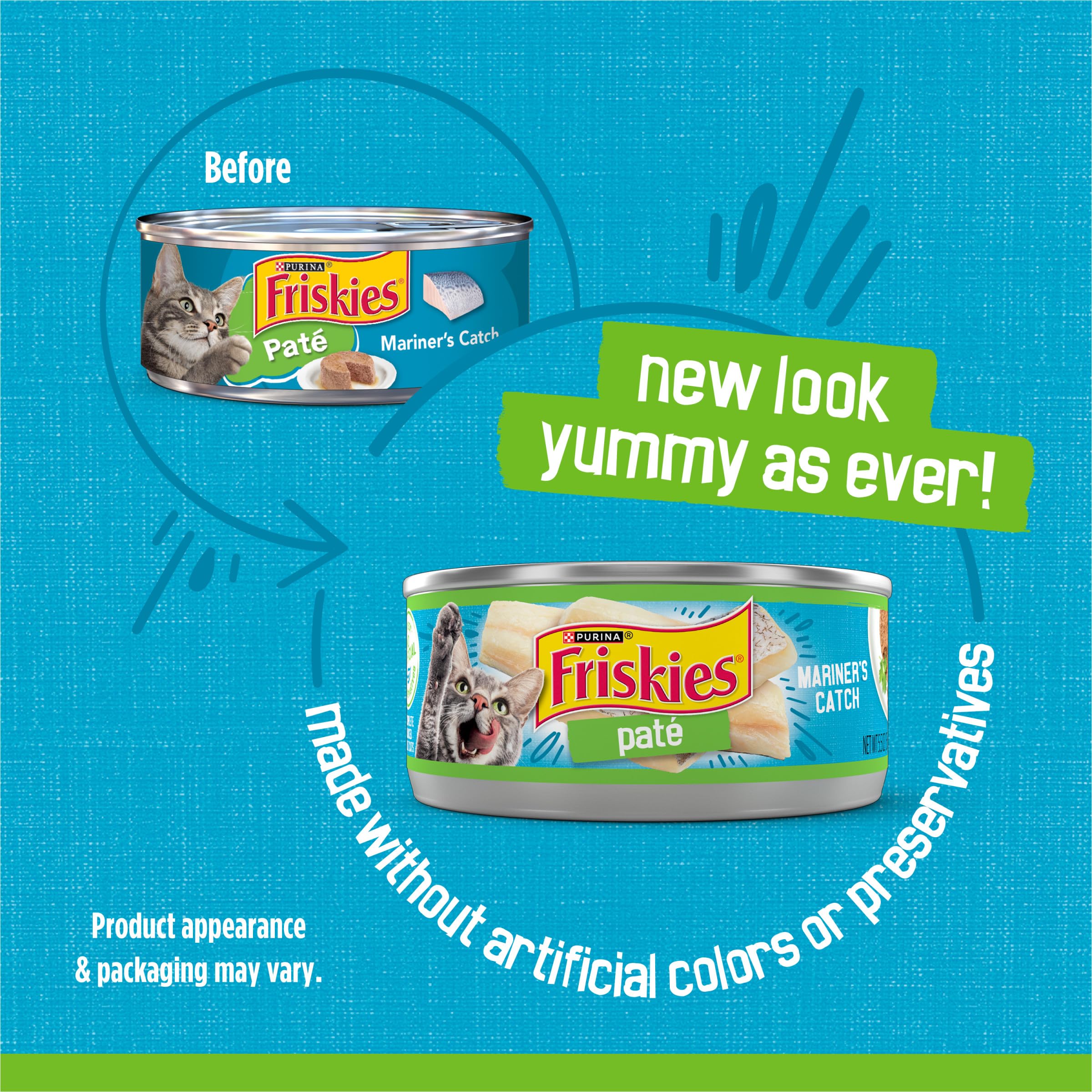 Friskies textura paté en primer plano que facilita la masticación del gato