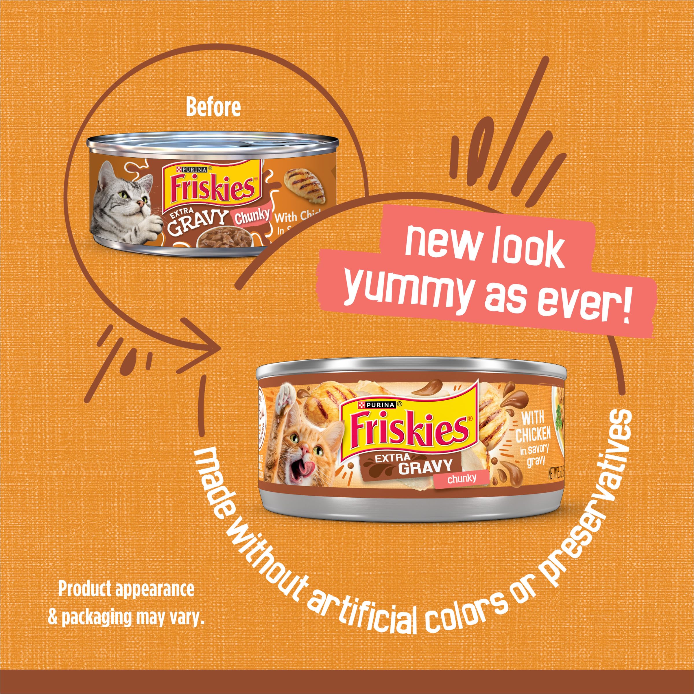 Friskies open can top view with chicken in gravy, ready to serve