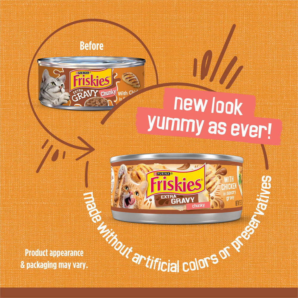 Friskies open can top view with chicken in gravy, ready to serve