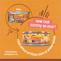 Friskies open can top view with chicken in gravy, ready to serve