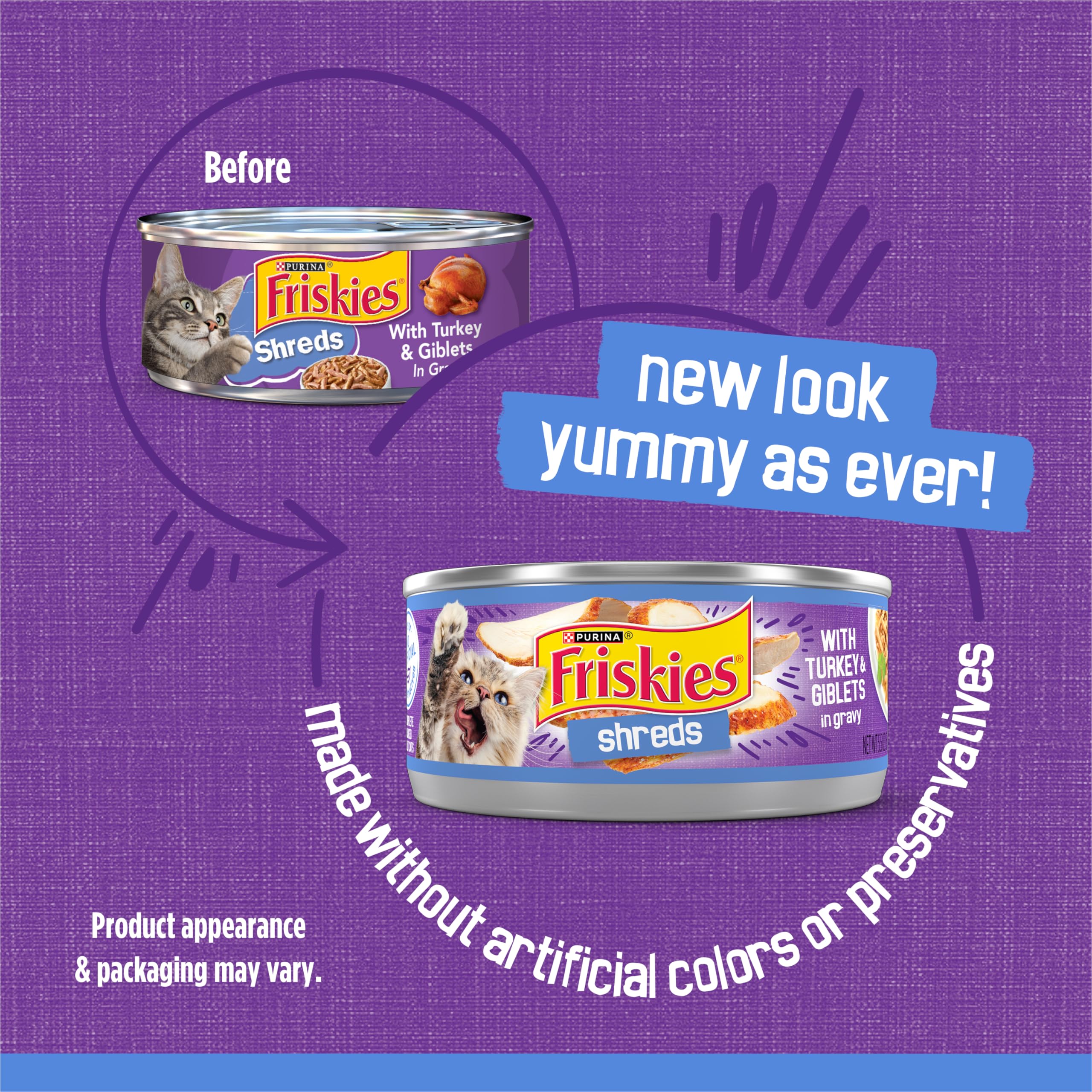 Friskies open can with shreds in gravy top view showing rich texture and easy serving