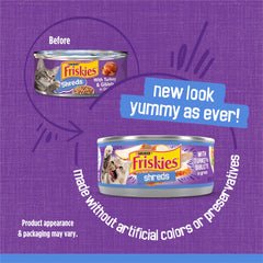 Friskies open can with shreds in gravy top view showing rich texture and easy serving