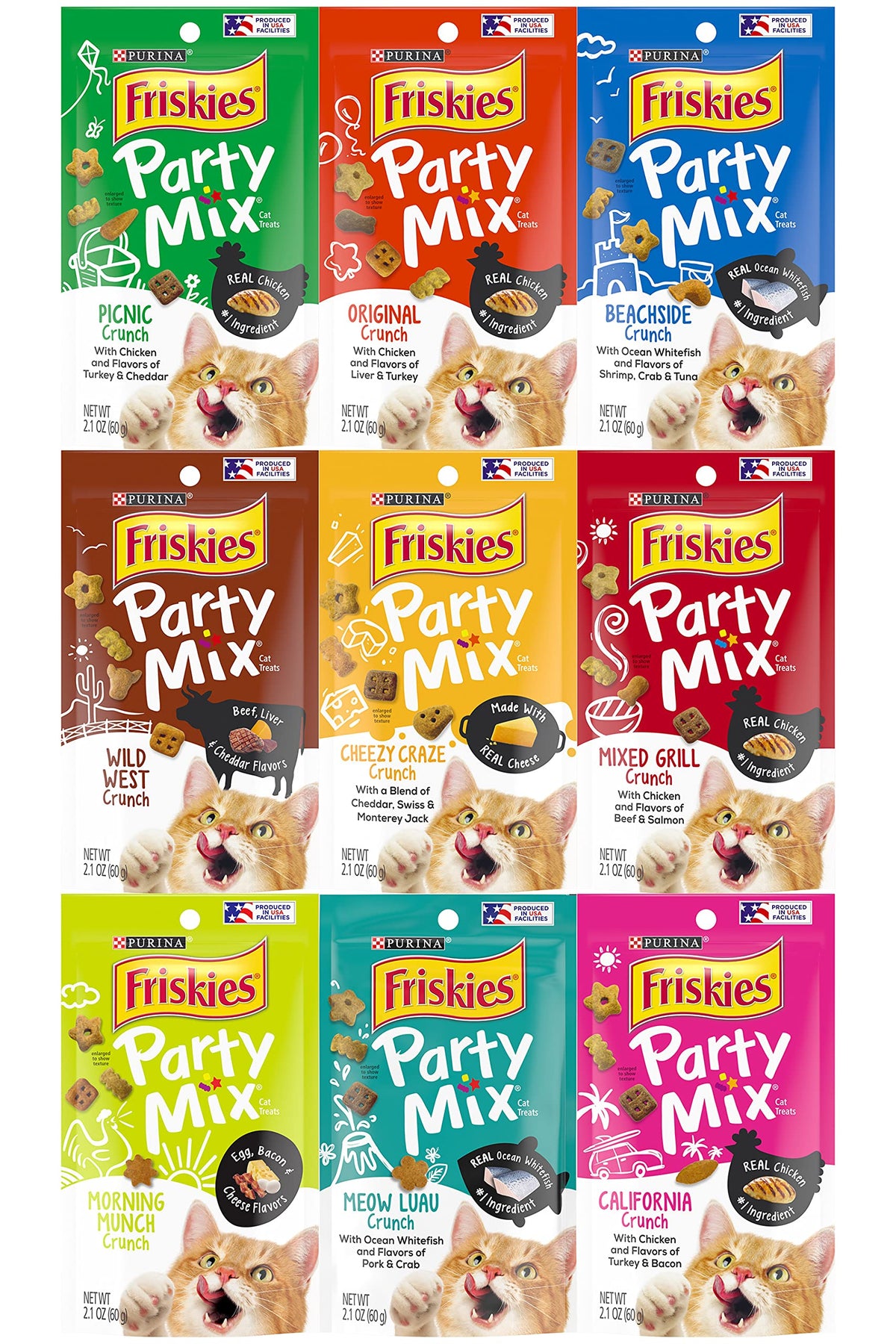 Friskies paquete frontal con las nueve variedades mostrando variedad y atractivo