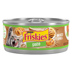 Friskies lata frente mostrando la etiqueta y sabor mixed grill