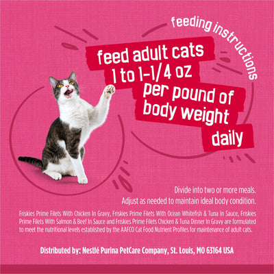 Friskies prime filets etiqueta nutricional legible, información de vitaminas y minerales