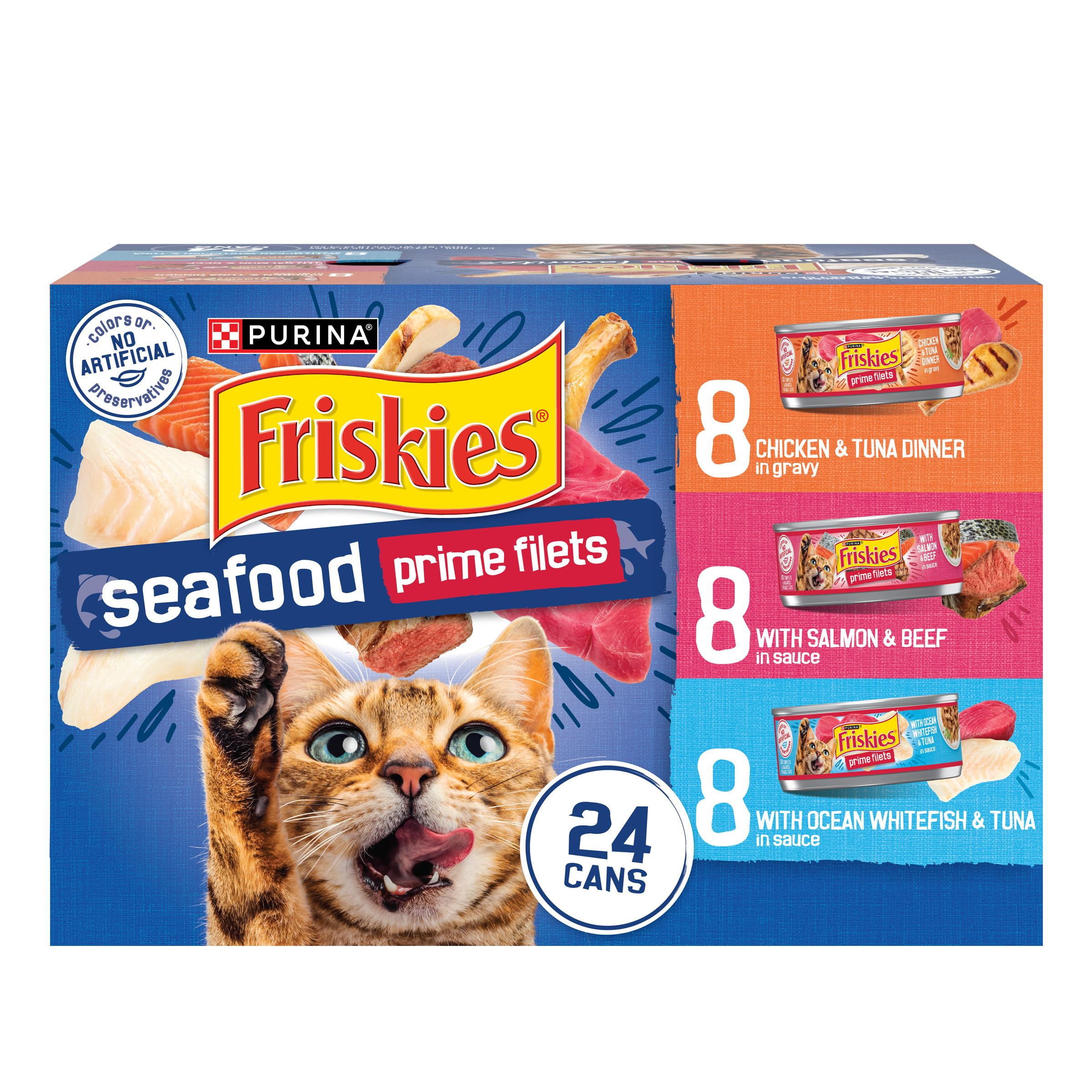 Friskies empaque frontal mostrando el pack de 24 latas y conveniencia