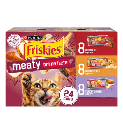 Friskies empaque frontal mostrando pack de 24 latas, variedad práctica